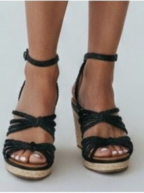 Zodiac Black Braided Ankle-Strap Wedge Sandals